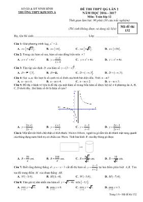 Đề thi THPT quốc gia lần 2 năm học 2016 - 2017 môn Toán lớp 12 - Mã đề thi 132